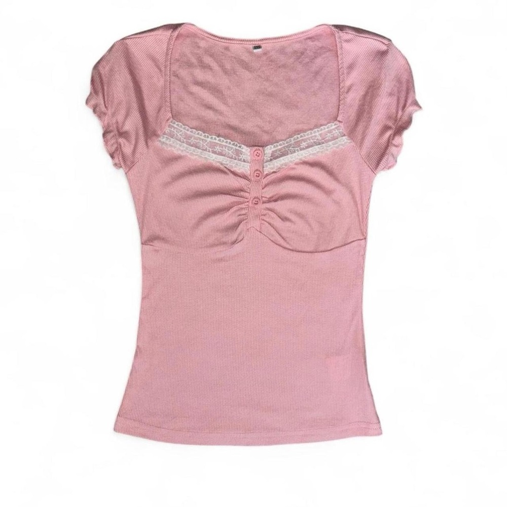 Brand New Womens Pink and White Lace Ruffle Button Short Sleeve Top